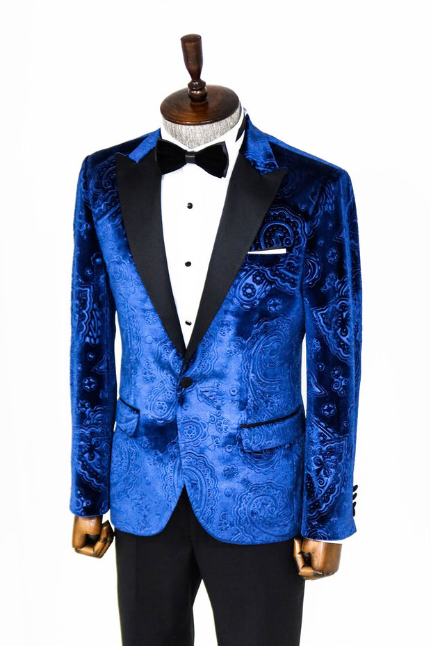 Floral Patterned Velvet Navy Blue Men Prom Blazer - Wessi