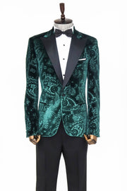 Floral Patterned Velvet Green Men Prom Blazer - Wessi