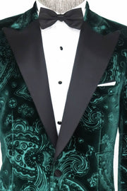 Floral Patterned Velvet Green Men Prom Blazer - Wessi