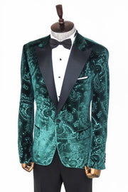 Floral Patterned Velvet Green Men Prom Blazer - Wessi