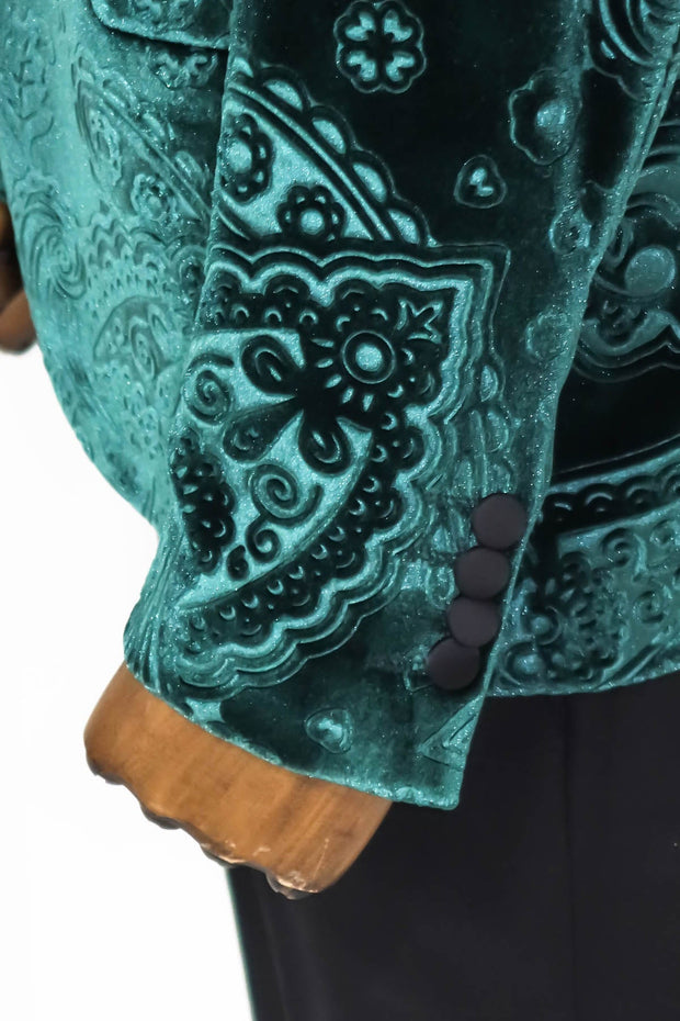 Floral Patterned Velvet Green Men Prom Blazer - Wessi