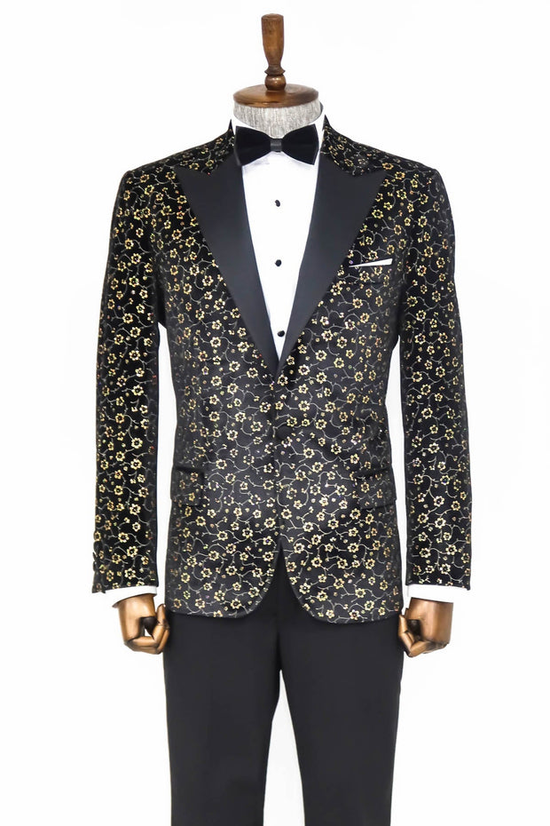 Tiny Flower Pattern Black Men Prom Blazer - Wessi