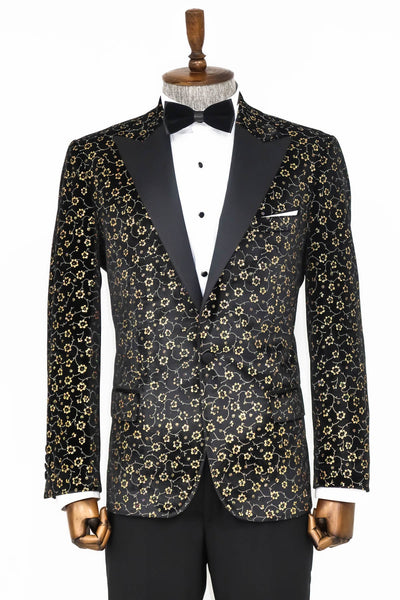 Tiny Flower Pattern Black Men Prom Blazer - Wessi