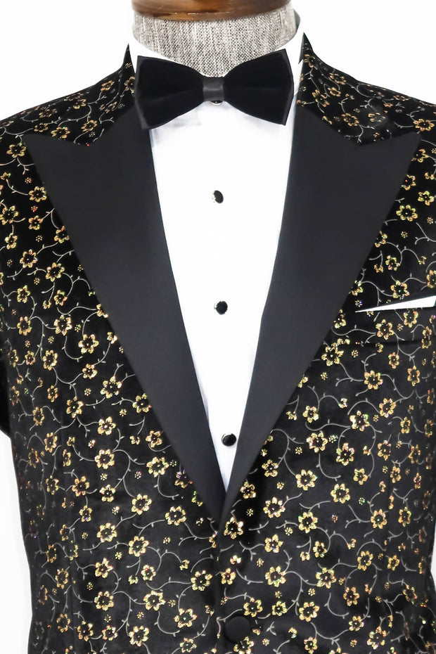 Tiny Flower Pattern Black Men Prom Blazer - Wessi