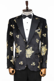 Gold Floral Patterned Shiny Black Men Prom Blazer - Wessi