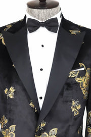 Gold Floral Patterned Shiny Black Men Prom Blazer - Wessi