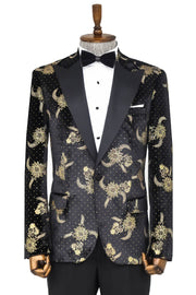 Dot Floral Patterned Velvet Black Men Prom Blazer - Wessi