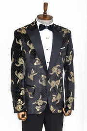 Dot Floral Patterned Velvet Black Men Prom Blazer - Wessi