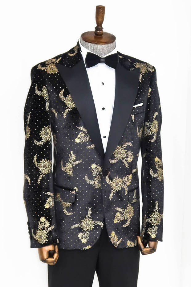 Dot Floral Patterned Velvet Black Men Prom Blazer - Wessi