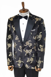 Dot Floral Patterned Velvet Black Men Prom Blazer - Wessi