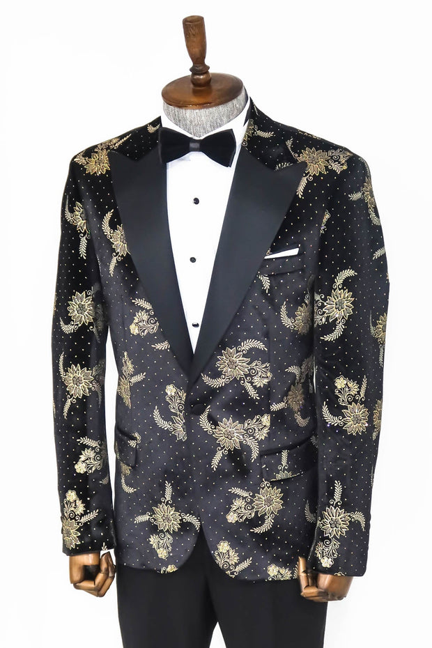 Dot Floral Patterned Velvet Black Men Prom Blazer - Wessi