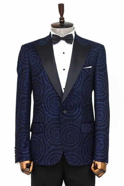 Hypnose Pattern Peak Lapel Slim Fit Navy Blue Men Prom Blazer - Wessi