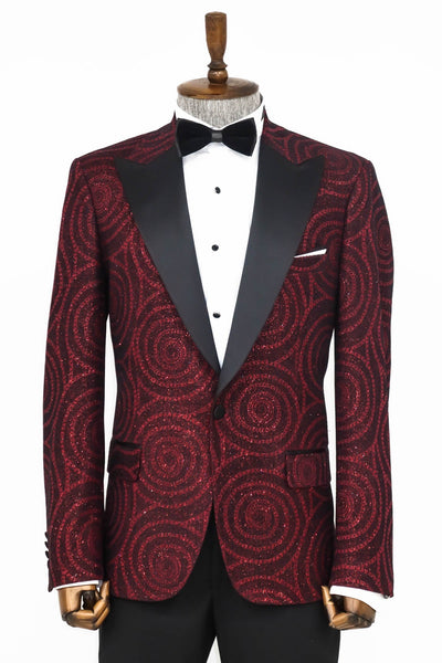 Hypnose Pattern Peak Lapel Slim Fit Burgundy Men Prom Blazer - Wessi