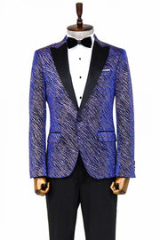 Glitter Pattern Slim Fit Navy Blue Men Prom Blazer - Wessi