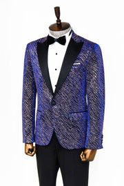 Glitter Pattern Slim Fit Navy Blue Men Prom Blazer - Wessi