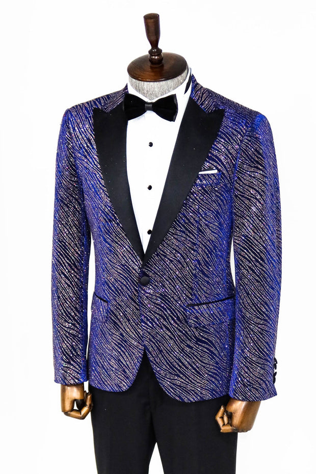 Glitter Pattern Slim Fit Navy Blue Men Prom Blazer - Wessi