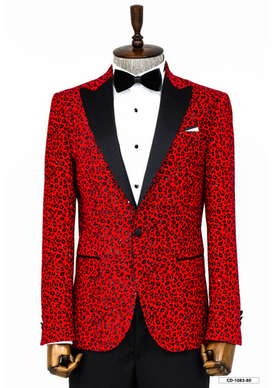 Leopard Pattern Slim Fit Peak Lapel Burgundy Men Prom Blazer