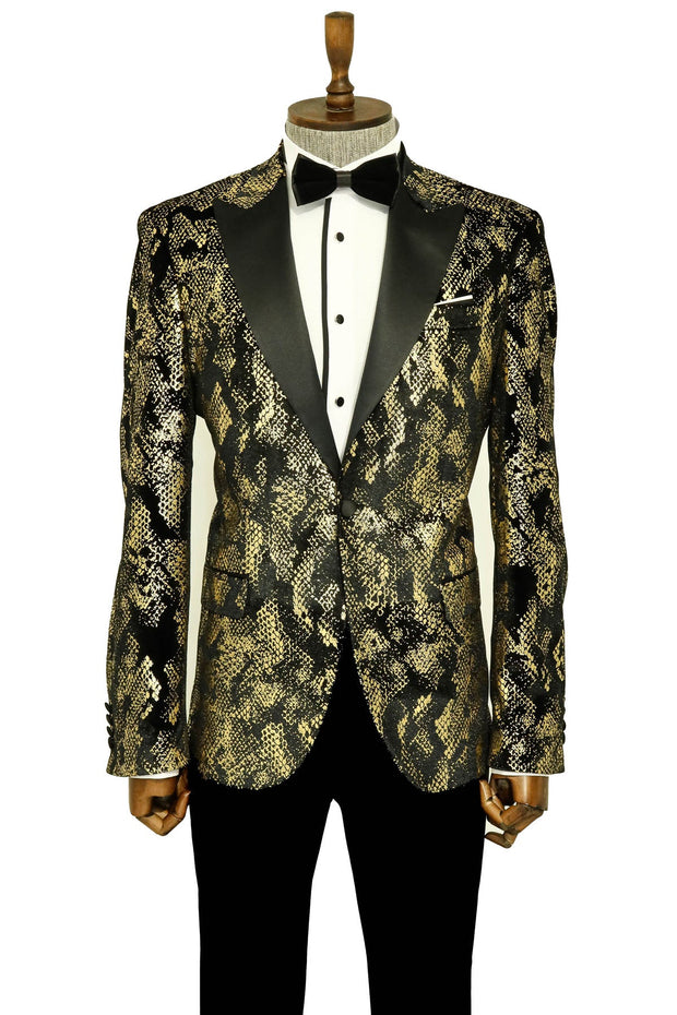 Peak Lapel Slim Fit Gold Patterned Black Men Prom Blazer