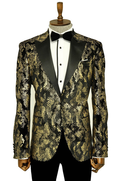 Peak Lapel Slim Fit Gold Patterned Black Men Prom Blazer