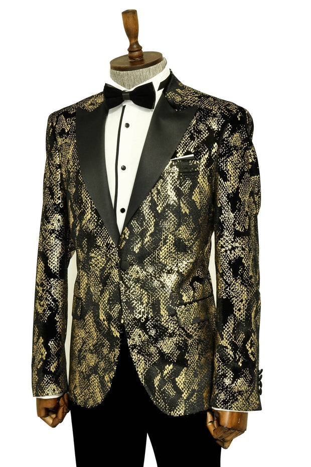 Peak Lapel Slim Fit Gold Patterned Black Men Prom Blazer