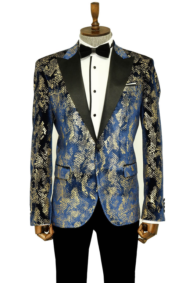 Peak Lapel Slim Fit Gold Patterned Navy Blue Men Prom Blazer