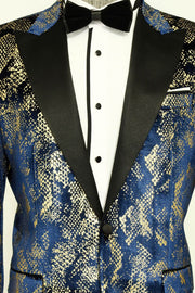 Peak Lapel Slim Fit Gold Patterned Navy Blue Men Prom Blazer