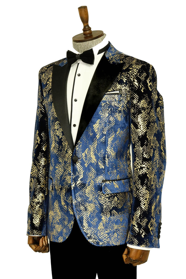 Peak Lapel Slim Fit Gold Patterned Navy Blue Men Prom Blazer