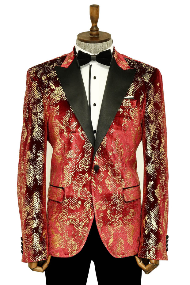 Peak Lapel Slim Fit Gold Patterned Burgundy Men Prom Blazer