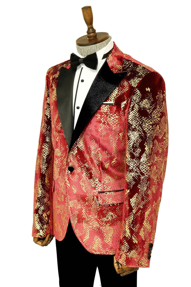 Peak Lapel Slim Fit Gold Patterned Burgundy Men Prom Blazer