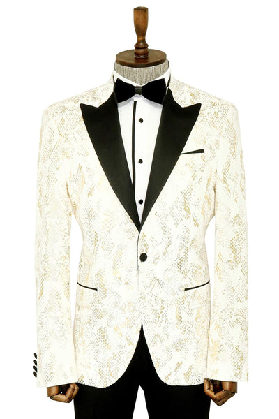 Peak Lapel Slim Fit Gold Patterned White Men Prom Blazer