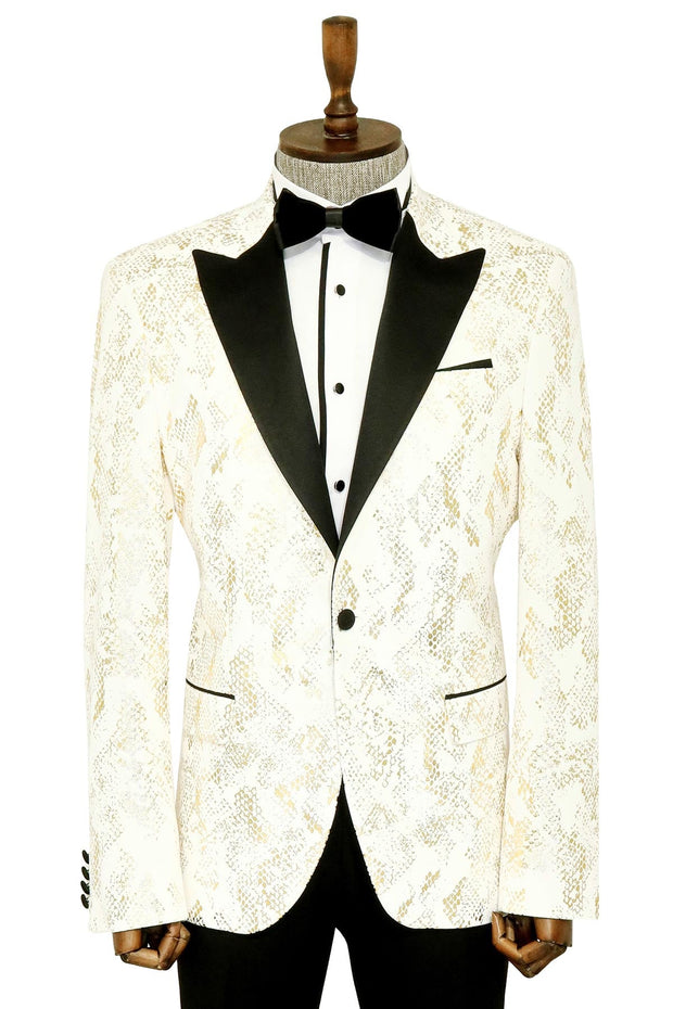 Peak Lapel Slim Fit Gold Patterned White Men Prom Blazer