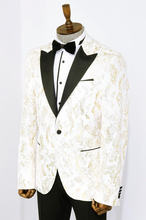 Peak Lapel Slim Fit Gold Patterned White Men Prom Blazer