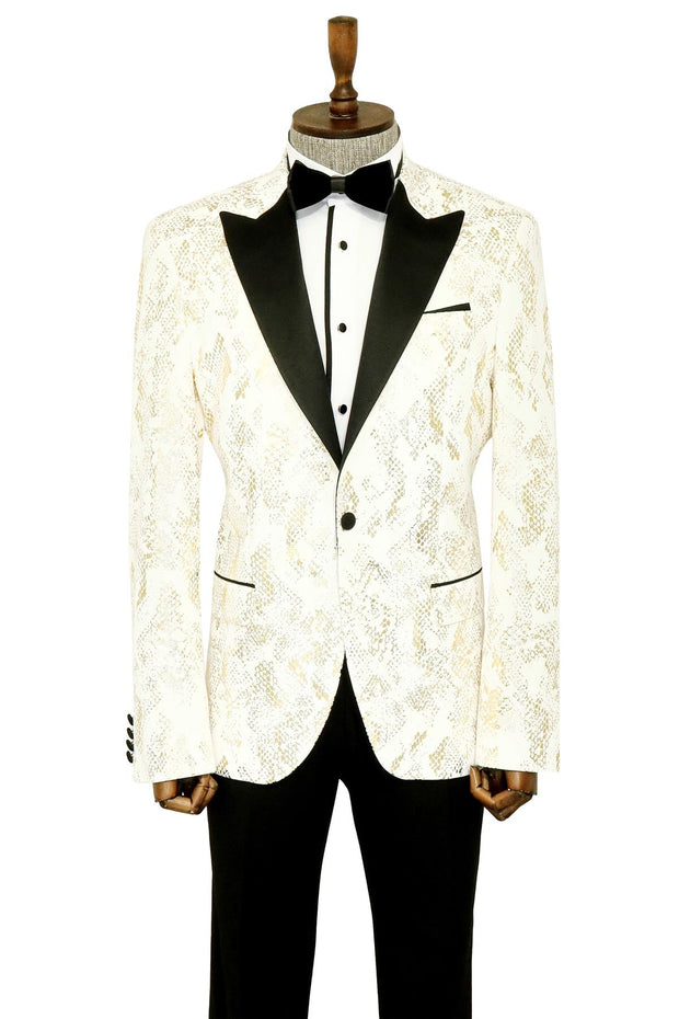 Peak Lapel Slim Fit Gold Patterned White Men Prom Blazer