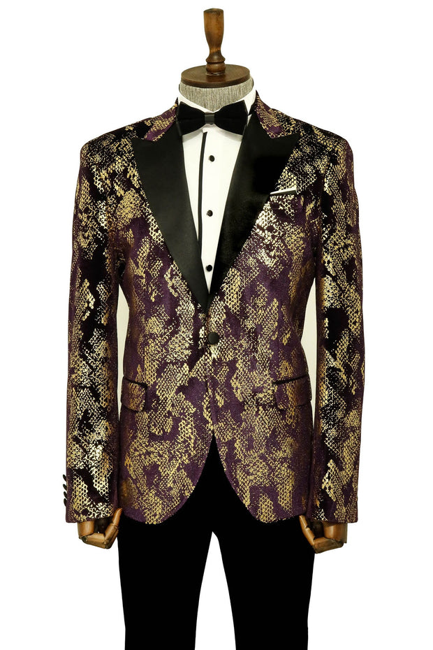 Peak Lapel Slim Fit Gold Patterned Purple Men Prom Blazer