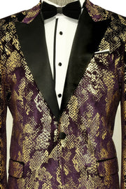 Peak Lapel Slim Fit Gold Patterned Purple Men Prom Blazer