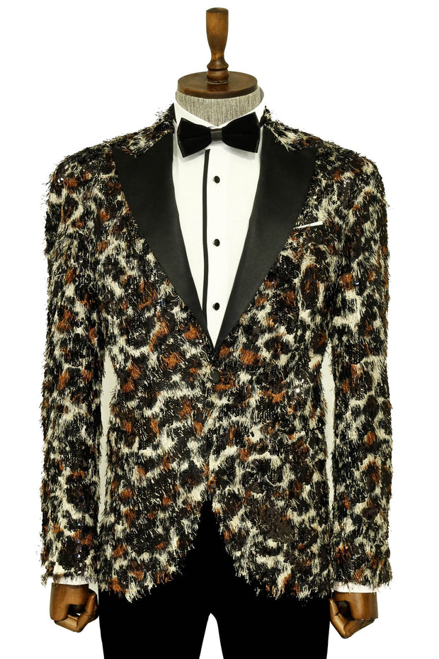 White and Black Feather Patterned Men's Prom Jacket - Wessi