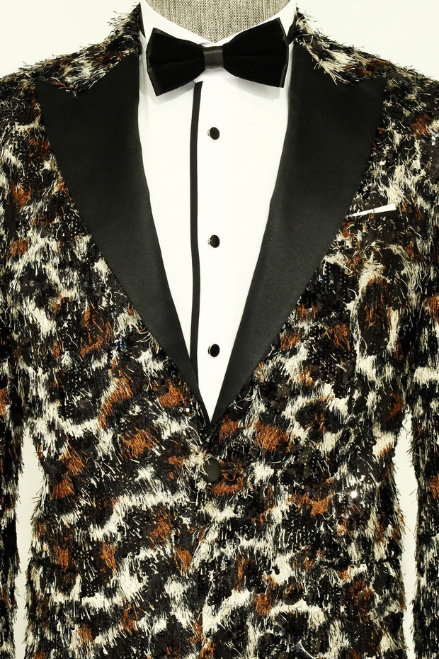 White and Black Feather Patterned Men's Prom Jacket - Wessi