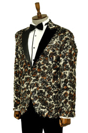 White and Black Feather Patterned Men's Prom Jacket - Wessi