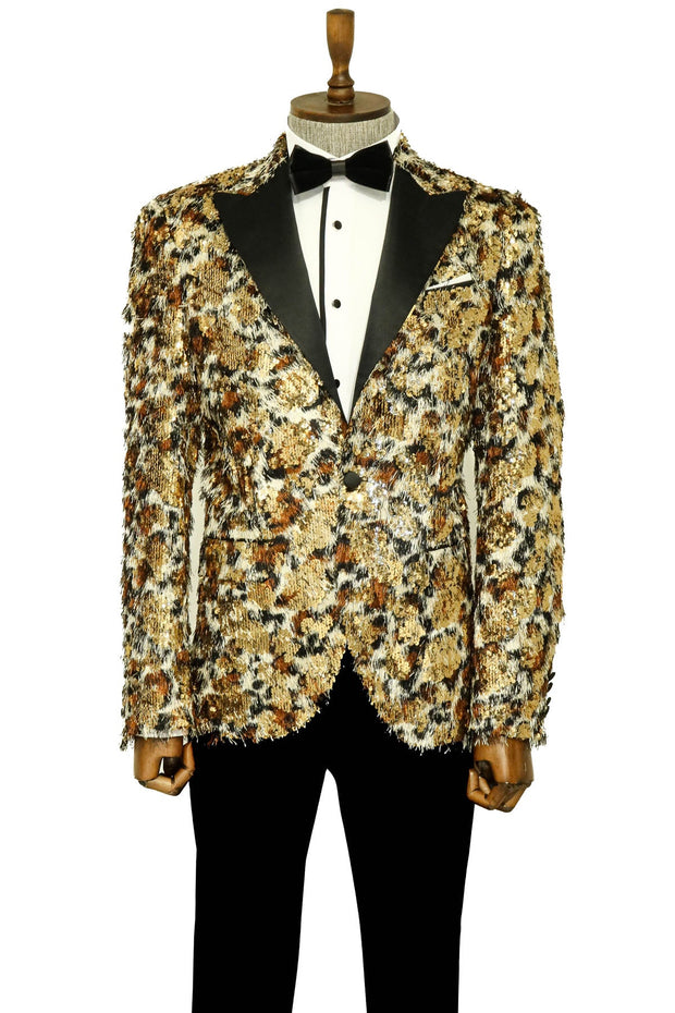 White and Gold Feather Patterned Men's Prom Jacket - Wessi