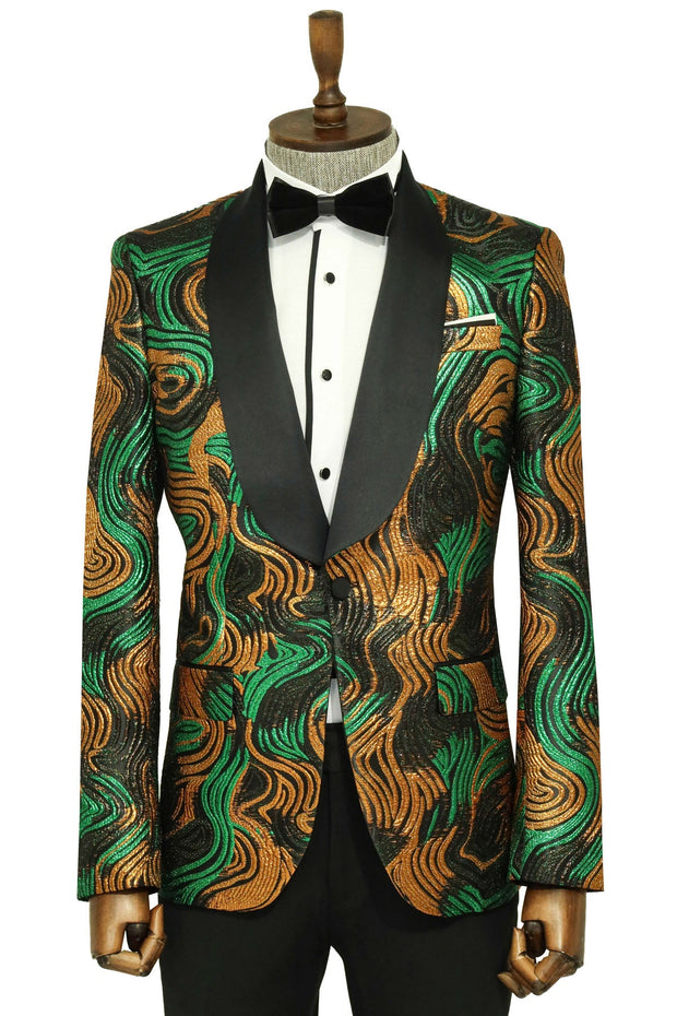 Gold-Green Patterned Over Black Men Prom Blazer - Wessi