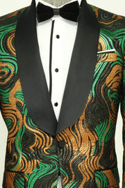 Gold-Green Patterned Over Black Men Prom Blazer - Wessi