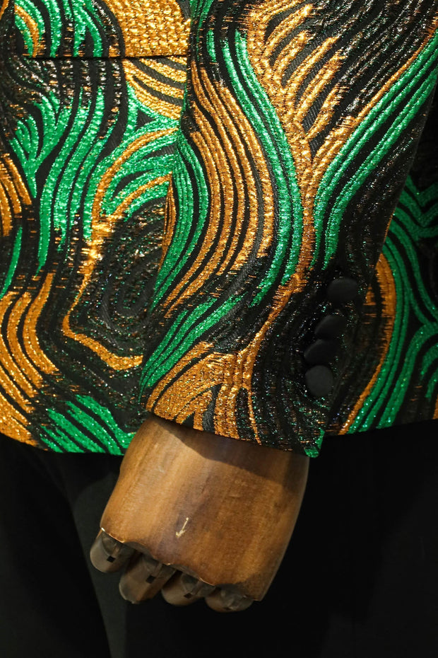 Gold-Green Patterned Over Black Men Prom Blazer - Wessi