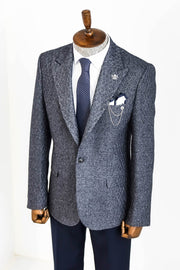 Wool Patterned Slim-Fit Navy Blue Men Blazer - Wessi