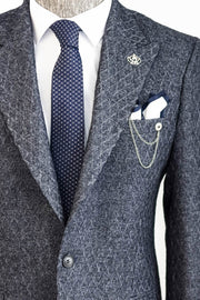 Wool Patterned Slim-Fit Navy Blue Men Blazer - Wessi