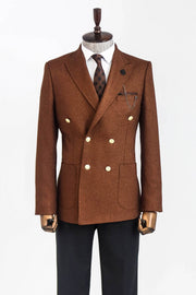 Double Breasted Slim Fit Brown Men Blazer - Wessi