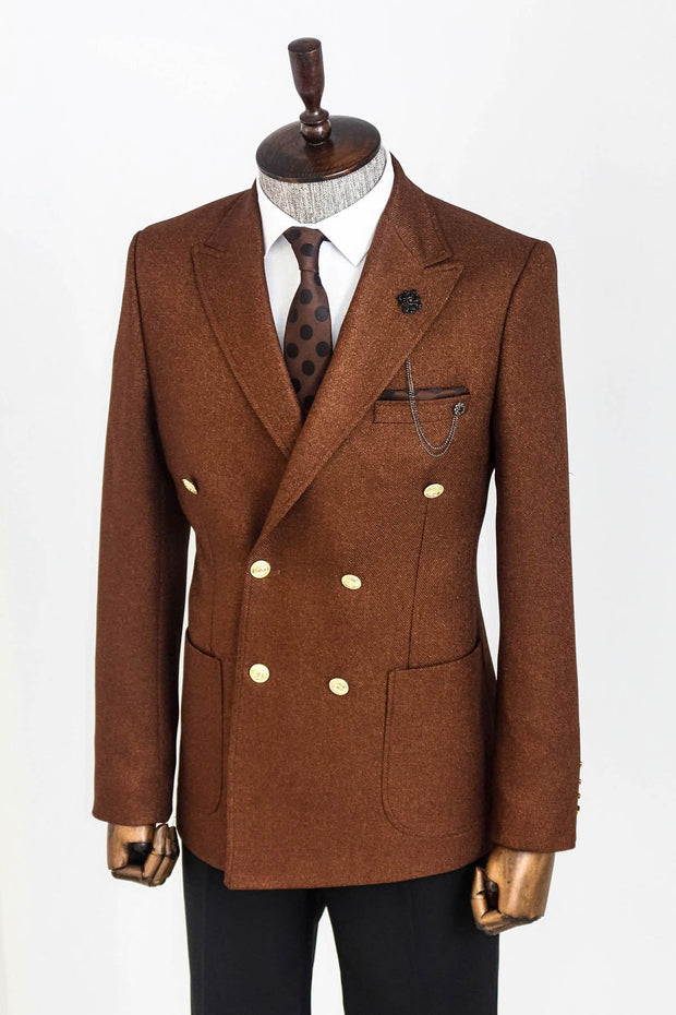 Double Breasted Slim Fit Brown Men Blazer - Wessi