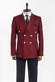 Double Breasted Slim Fit Burgundy Men Blazer - Wessi