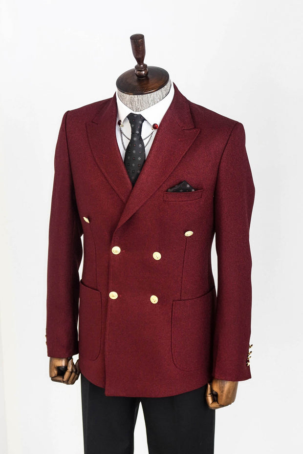 Double Breasted Slim Fit Burgundy Men Blazer - Wessi