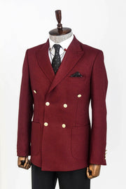 Double Breasted Slim Fit Burgundy Men Blazer - Wessi