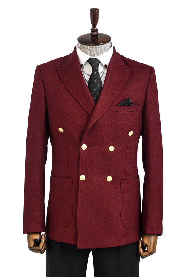 Double Breasted Slim Fit Burgundy Men Blazer - Wessi